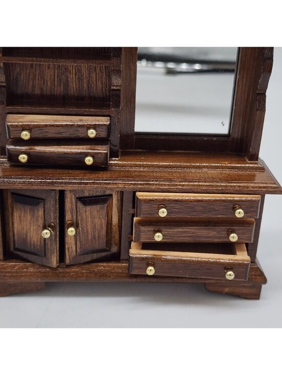 VTG Concord Miniatures Dollhouse Wooden China Cabinet Drawers & Mirror 1:1 Scale - Picture 4 of 10